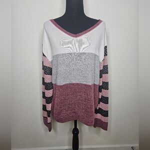 Umgee Chenille Sleeve Colorblock Mixed Media Purple Pink White Long Sleeve Top
